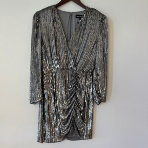 Retrofete - Silver Long Sleeve Sequin Wrap Mini Dress
